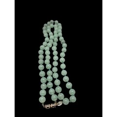 Vintage Les Bernard Signed Jade Bead Necklace Hand Knotted Barrel Clasp 34″