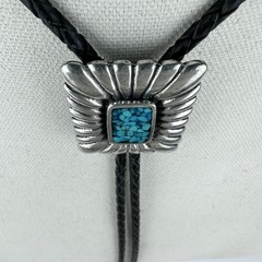 Vintage Silver Pewter Turquoise Chip Inlay Western Bolo Tie Nickel Silver Tips
