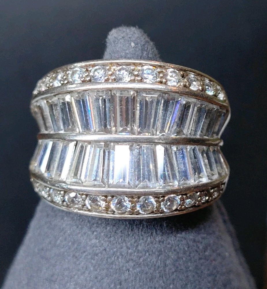 Vintage Sterling Silver Cocktail Ring Baguette Channel Set Clear Stones Sz 7