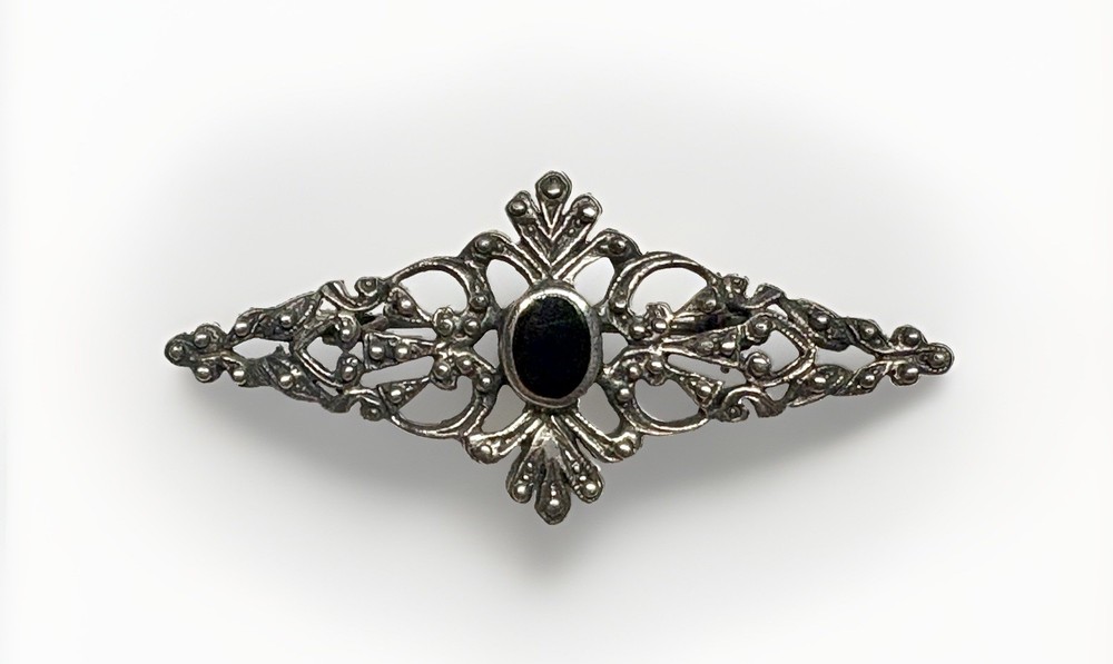 B03 Germany 2.0” Brooch 925 Sterling Silver Style Art Deco 1950s 7mm onyx 5.5g