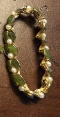 Vintage SWOBODA CARVED JADE & PEARL BRACELET GREEN LEAF FLORAL **READ**