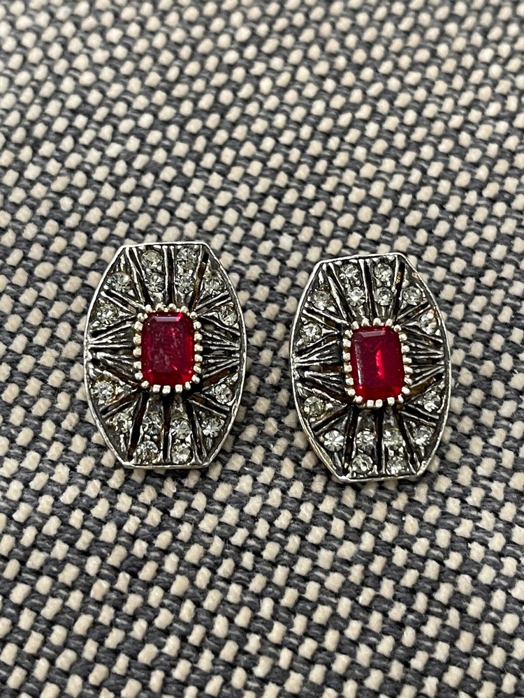 Vtg European 835 Silver Pair of Clip on Earrings w/ Red & Clear Stones Crystals