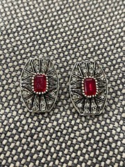 Vtg European 835 Silver Pair of Clip on Earrings w/ Red & Clear Stones Crystals