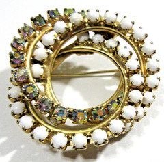 VTG OPEN WORK geometric Circle WHITE Clear AB RHINESTONE Brooch Pin gold tone