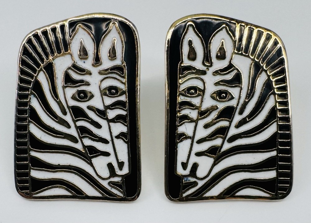 VTG Laurel Burch “Zebra Mare” Cloisonné Stud Earrings Gold Tone SIGNED 1” Fun