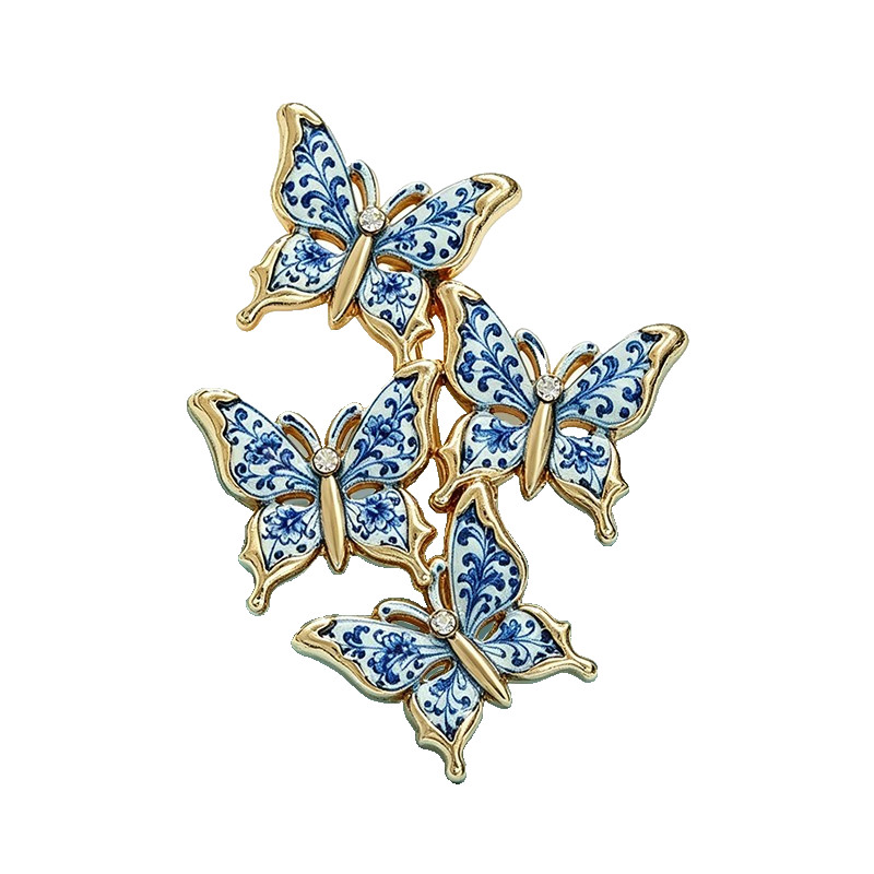 Blue and White Porcelain Style Butterfly Cluster Brooch Gold Tone Enamel Pin