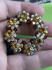 Vtg Austrain Crystal Brooch Pin Open Circle Aurora Borealis Yellow Cognac
