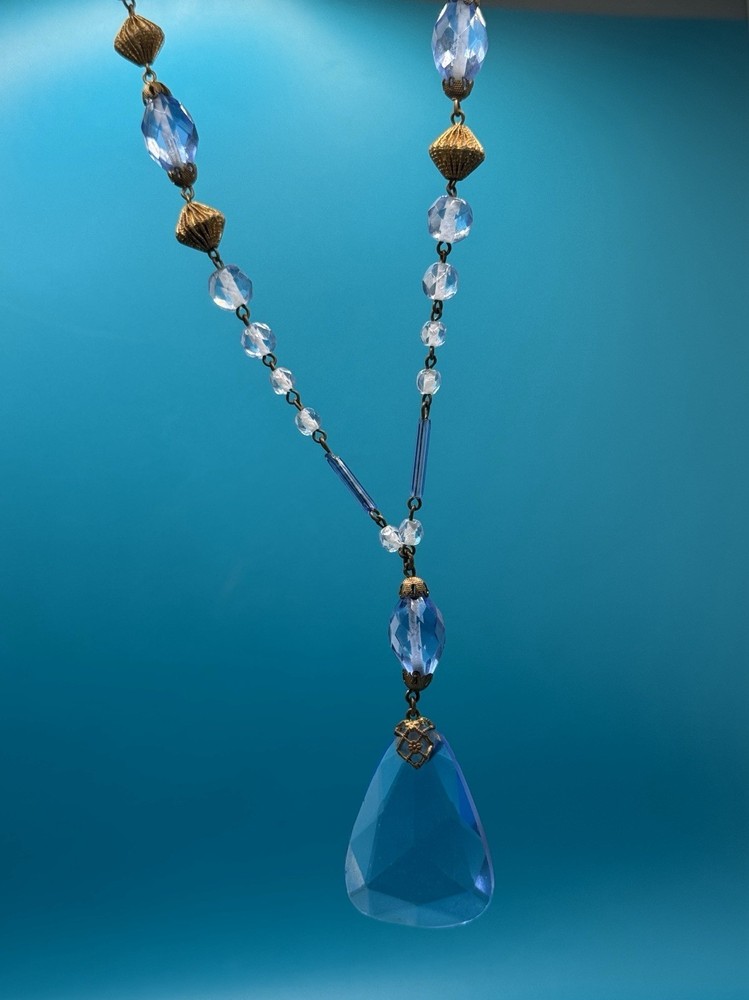 Antique Art Deco Blue Czech Glass Teardrop Necklace 21” Brass Filigree 1920s