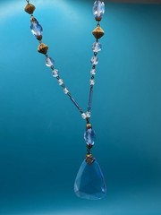Antique Art Deco Blue Czech Glass Teardrop Necklace 21” Brass Filigree 1920s