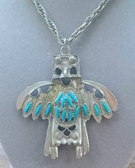 Vintage Thunderbird Faux Turquoise Silvertone Potmetal Pendant Necklace