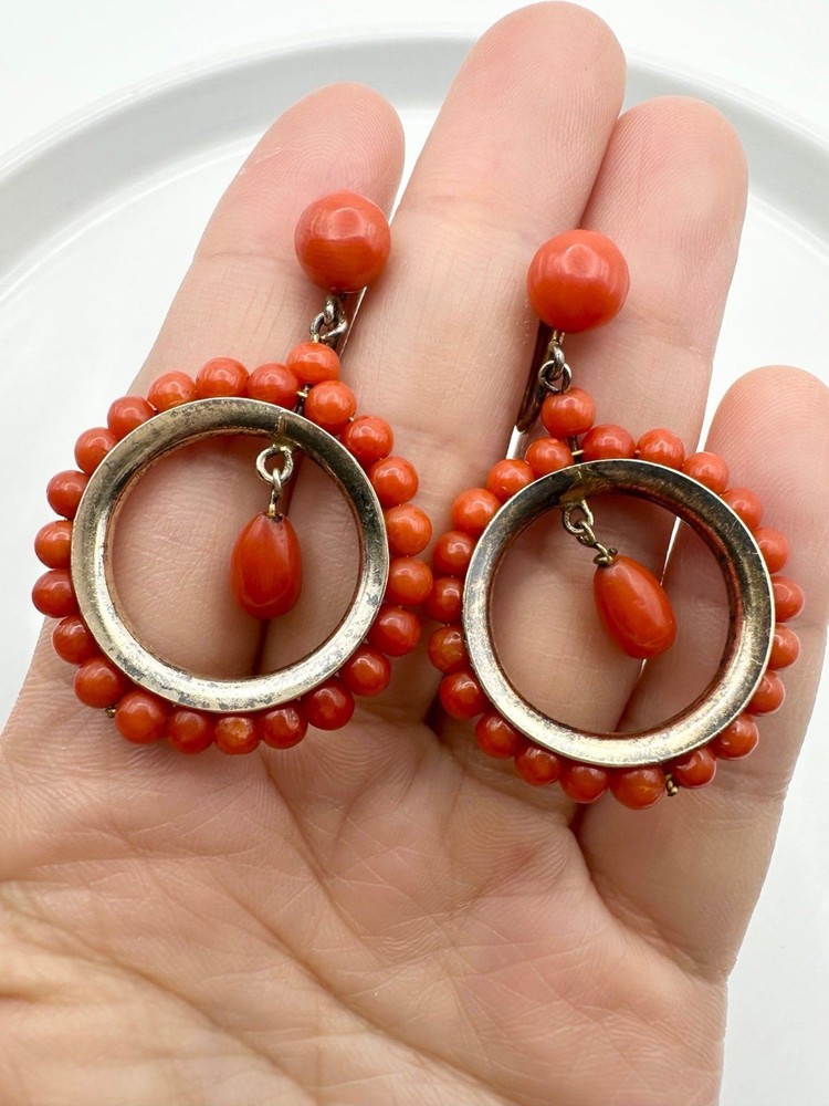 Antique Victorian 835 silver natural red coral screw back Earrings