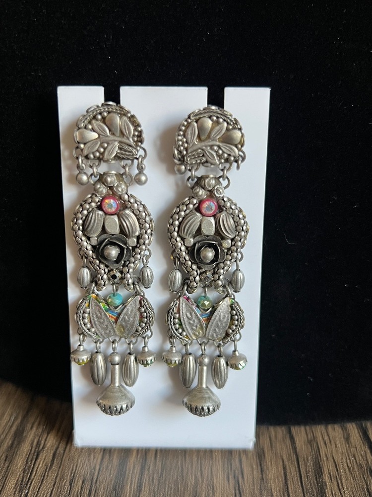Vtg Ayala Bar Silver Tone Post Chandelier Drop Earrings 3″ Boho Artisan Israeli