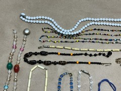 Nice Lot of Antique Jewelry – Glass Beads, Rhinestones, Hand Carved
