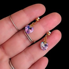 Vintage Heliotrope Faceted Heart Glass Dangle Drop Stud Earrings Gold Plated