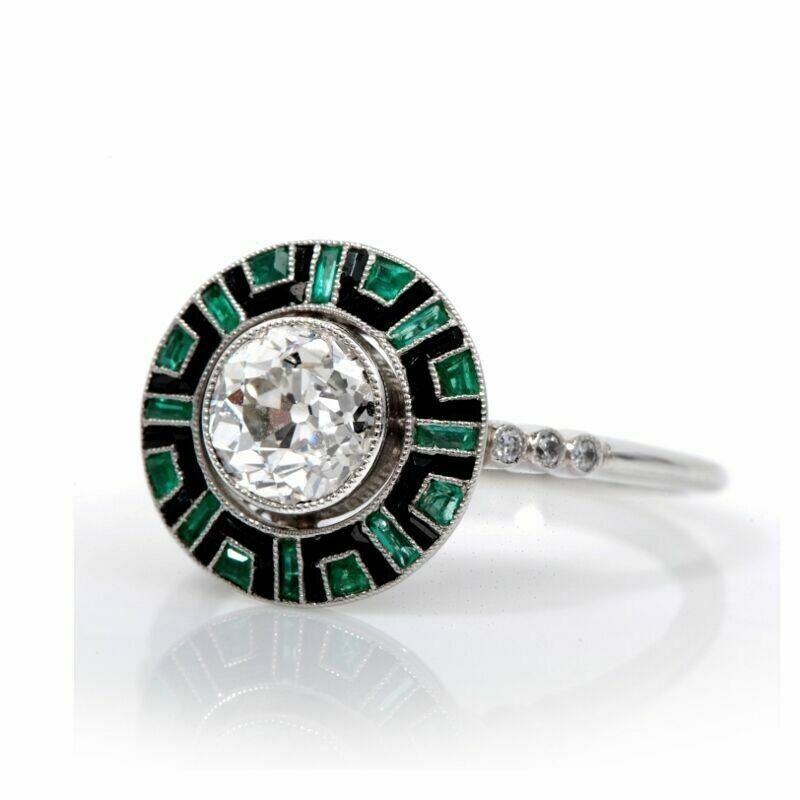 Art Deco Lab-Created Diamond & Emerald With Enamel Engagement 925 Silver Ring