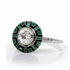 Art Deco Lab-Created Diamond & Emerald With Enamel Engagement 925 Silver Ring