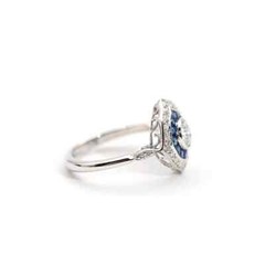 Art Deco 14K White Gold FN Round Lab Created Diamond & Sapphire Engagement Ring