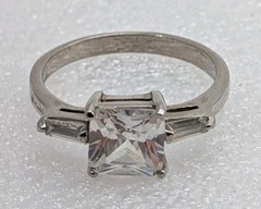 Vintage Silver Plated & CZ Princess Cut & Baguette Engagement Style Ring Sz 9.75