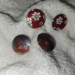 Vintage Cloisonne Enamel Floral clip Earrings Lot Red Purple Gold Tone Flower
