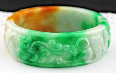 Chunky Vintage Carved Jadeite Jade Dragon Foo Dog 6.5″ Bangle Bracelet