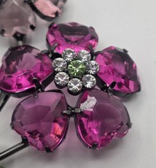 Double Flower Pink And Green Lucite Brooch, Black (Japaned) Colored Metal