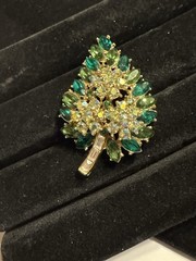 Trifari Green, White And Green AB Rhinestone Floral Leaf Brooch, Signed