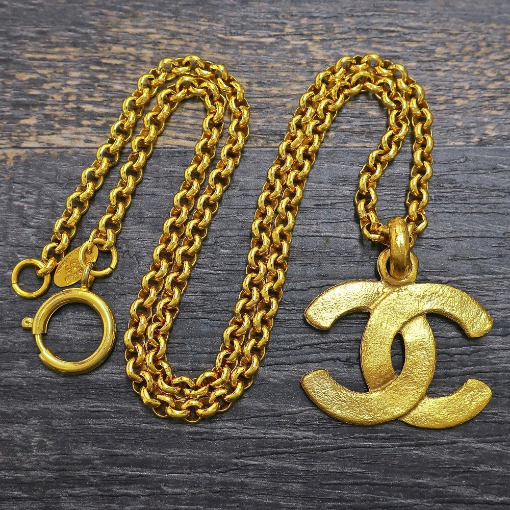CHANEL Gold Plated CC Logos Charm Vintage Chain Necklace Pendant #1302c Rise-on