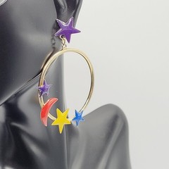 Stars Crescent Moon Colorful Enamel Metal Gold Tone Round Hoop Pierced Earrings