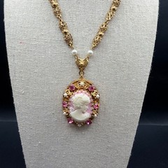 Vintage West Germany Pink Cameo Necklace Exceptional Brass Filigree 1960s