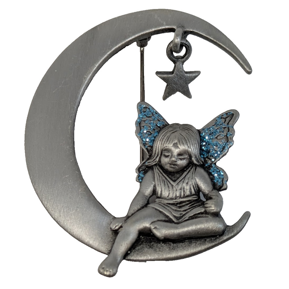 JJ Jonette Fairy Blue Glitter Wings Crescent Moon Star Pin Brooch Pewter Vintage