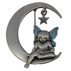 JJ Jonette Fairy Blue Glitter Wings Crescent Moon Star Pin Brooch Pewter Vintage