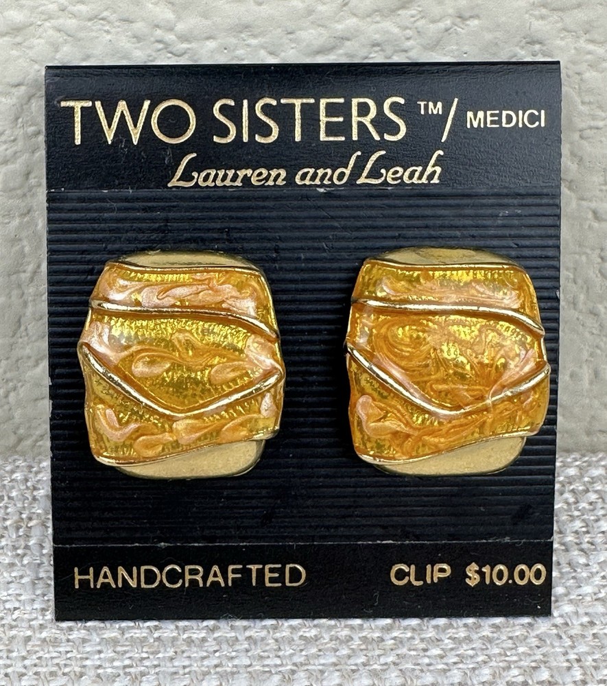 Vintage Two Sisters Medici Orange & Gold Tone Clip On Earrings Lauren & Leah 2″