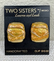 Vintage Two Sisters Medici Orange & Gold Tone Clip On Earrings Lauren & Leah 2″