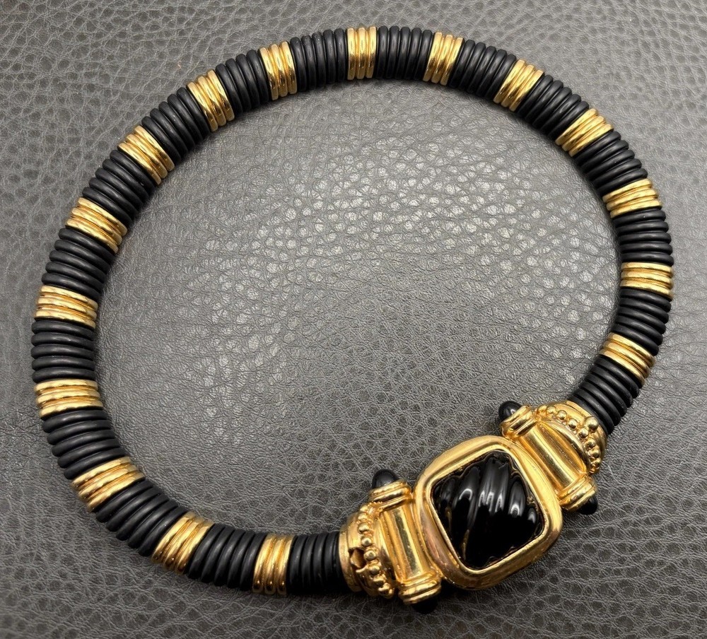 Vintage Francesco Romano Couture Mogul Choker Necklace Black Glass Pendant Clasp