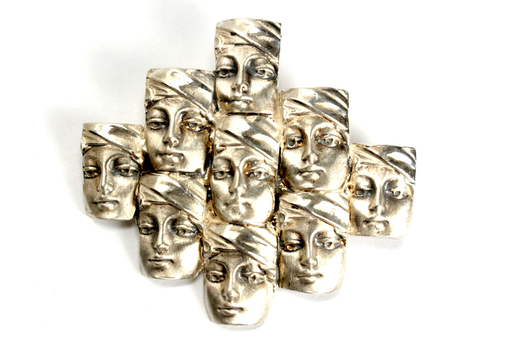 Modernist Brutalist Sculptural Brooch Pin Crowd of People Female Women, Rare