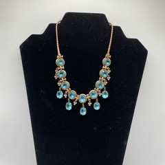 Stunning Vintage Aqua Blue Crystal Bib Necklace Gold Tone Art Deco