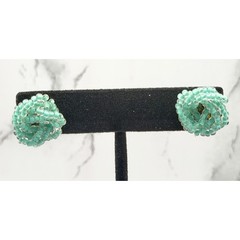 Vintage Aqua Glass Bead Cluster Stud Earrings Coiled Beaded Rosette 3/4″