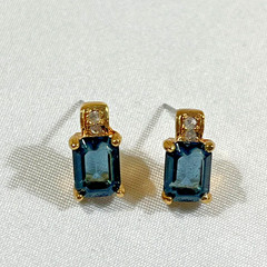 Vintage Deco Style London Blue Topaz Glass Pendant Stud Earrings Set Gold Tone