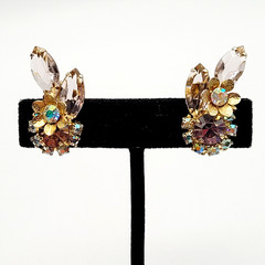 Glamorous AB Crystal Flower Floral Pale Rhinestone Climber Vtg Clip On Earrings