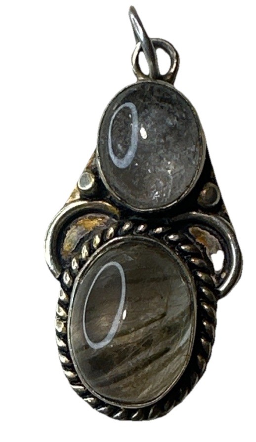Vtg. Rutilated Quartz Oval & Moon StoneSilver Pendant Wt. 6.47