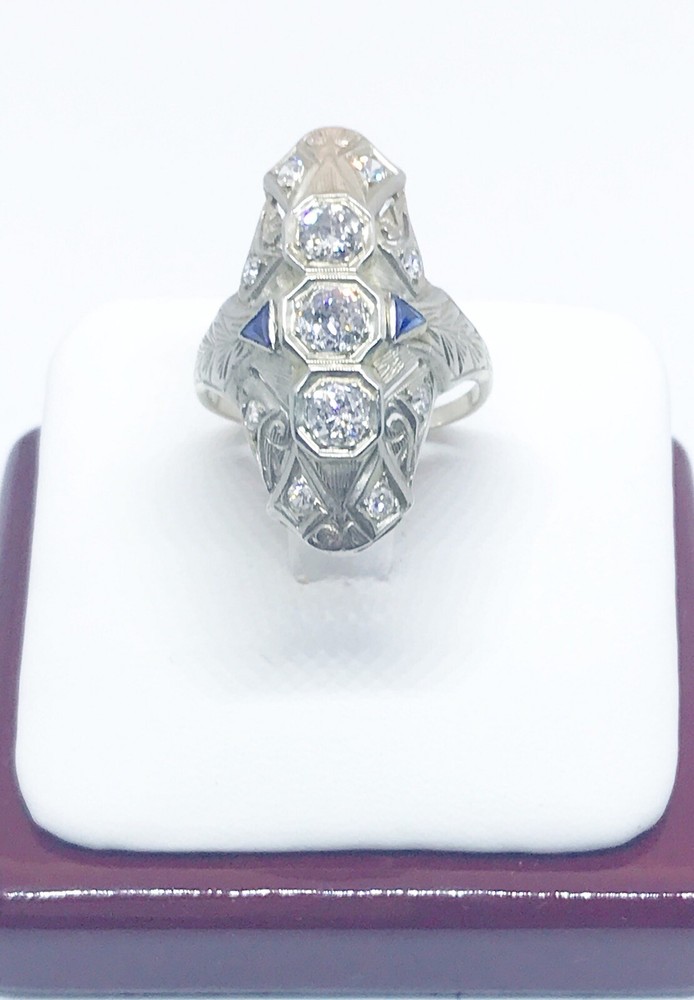 *APPRAISAL ESTATE 1.07CT ANTIQUE ART DECO NATURAL DIAMOND SAPPHIRE RING 18K GOLD