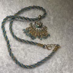 Vintage Indian Style, Gold, Toned Pendant necklace, Twisted Teal Silk Dori Cord