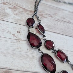 Vintage Necklace Dark Red and Dark Silver Tone / Grey Statement Necklace