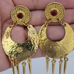Vintage 1990s Gold Tone Boho Tribal Style Dangle Earrings Chandelier Statement