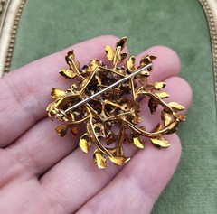 Vintage Italy 18K Gold Colorful Flower & Diamond Brooch KG Old Italian Jewelry