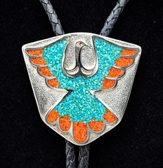 VTG Bennett Thunderbird Bolo Tie Turquoise Coral SW Native American Style