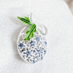 Vintage White and Green Enamel and Light Blue Rhinestone Floral Brooch
