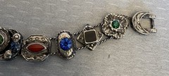 50s Vintage Victorian Revival Jeweled Slide Charm Bracelet Silvertone Enamel 7”