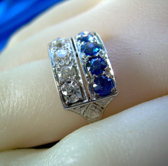 Original EARTH MINED DIAMOND SAPPHIRE Deco Statement Ring PLATINUM Filigree Band