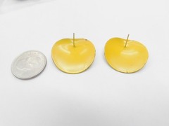 Yellow Enamel Silver Tone Metal Domed Disc Pierced Earrings Vintage
